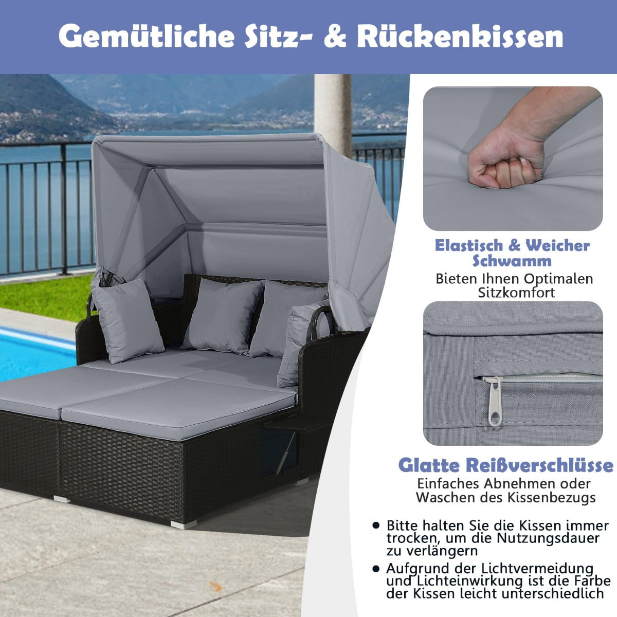 Outdoor Rattan Daybed for 2 with Canopy and Trays