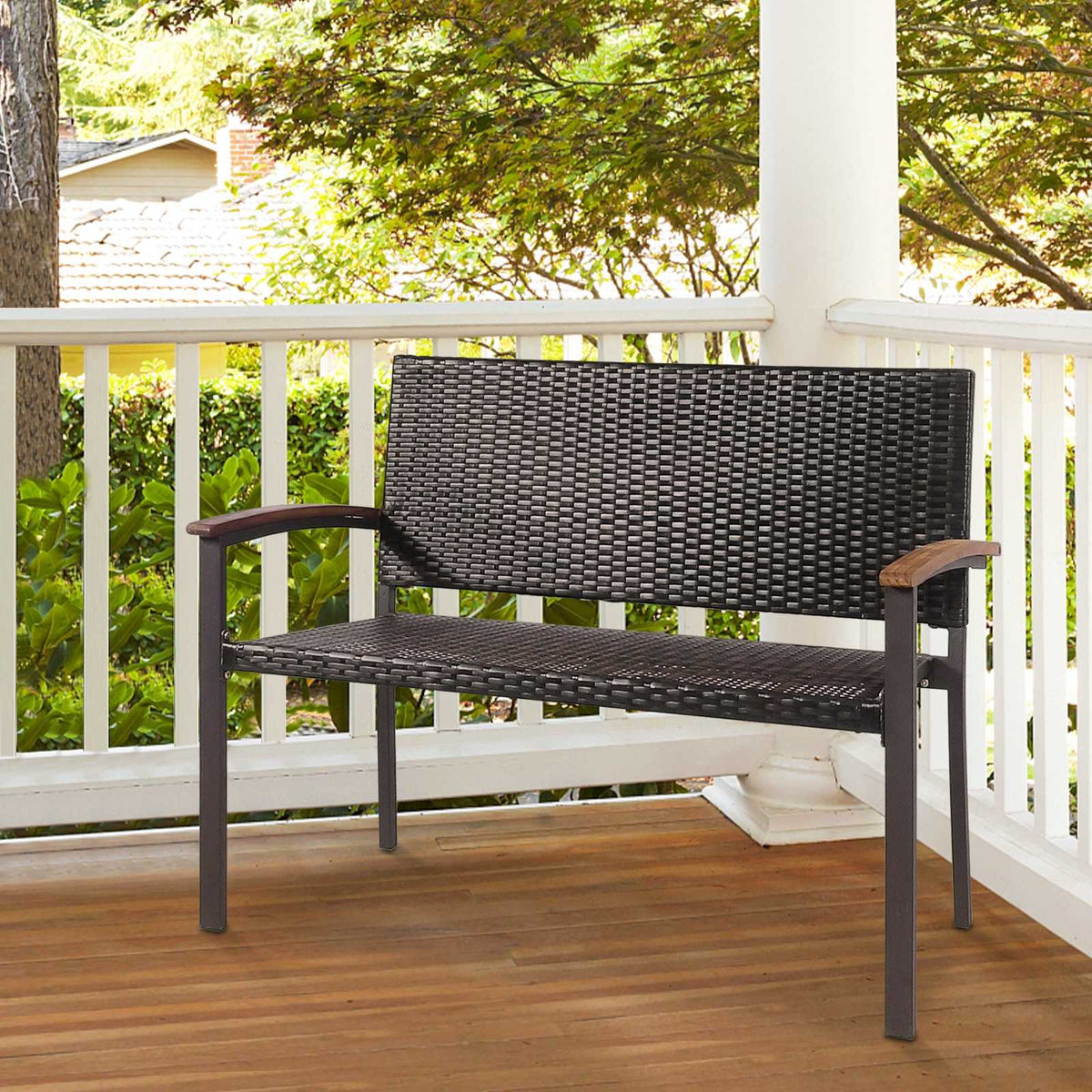 Outdoor Rattan Loveseat Bench, Acacia Armrests, 45 Inch