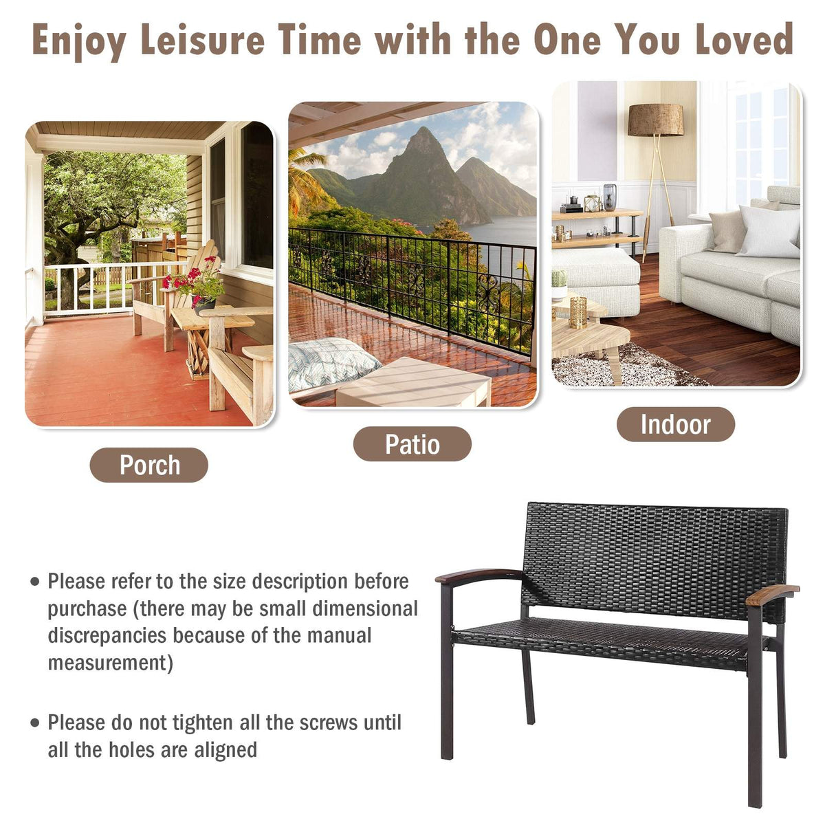 Outdoor Rattan Loveseat Bench, Acacia Armrests, 45 Inch