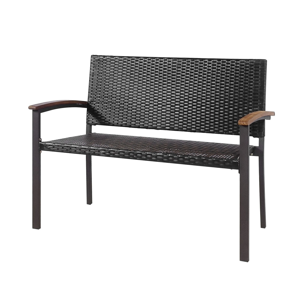 Outdoor Rattan Loveseat Bench, Acacia Armrests, 45 Inch