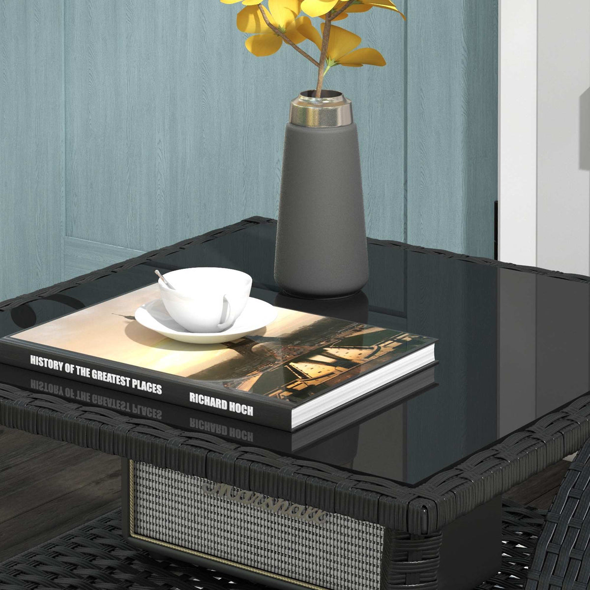 Outdoor Rattan Side Table, 50x50x45cm, Glass Top, 4 Seats