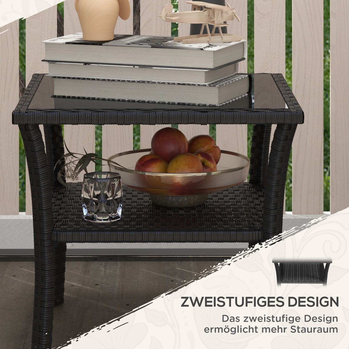 Outdoor Rattan Side Table, 50x50x45cm, Glass Top, 4 Seats