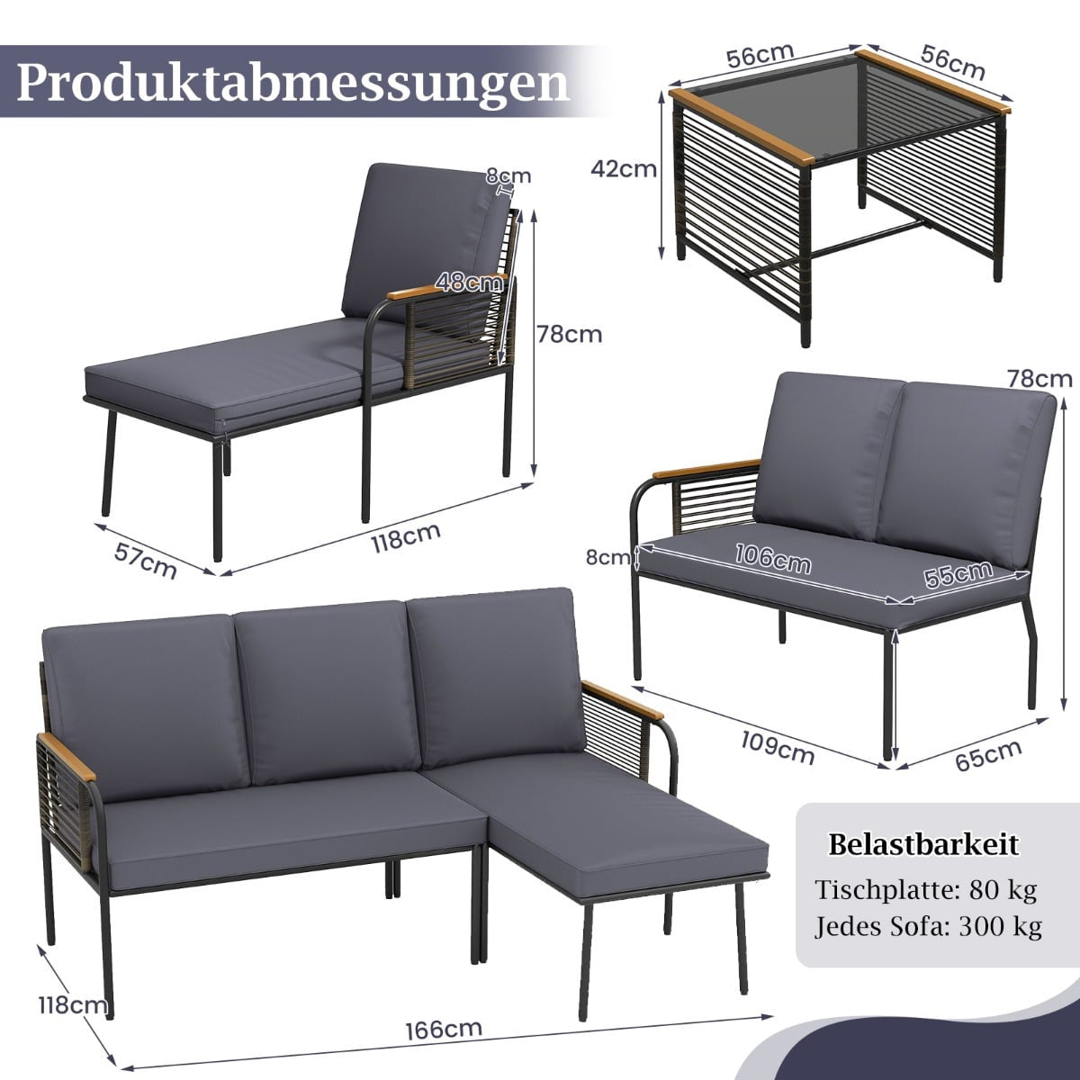 Outdoor Rattan Sofa Set with Cushions & Glass Table