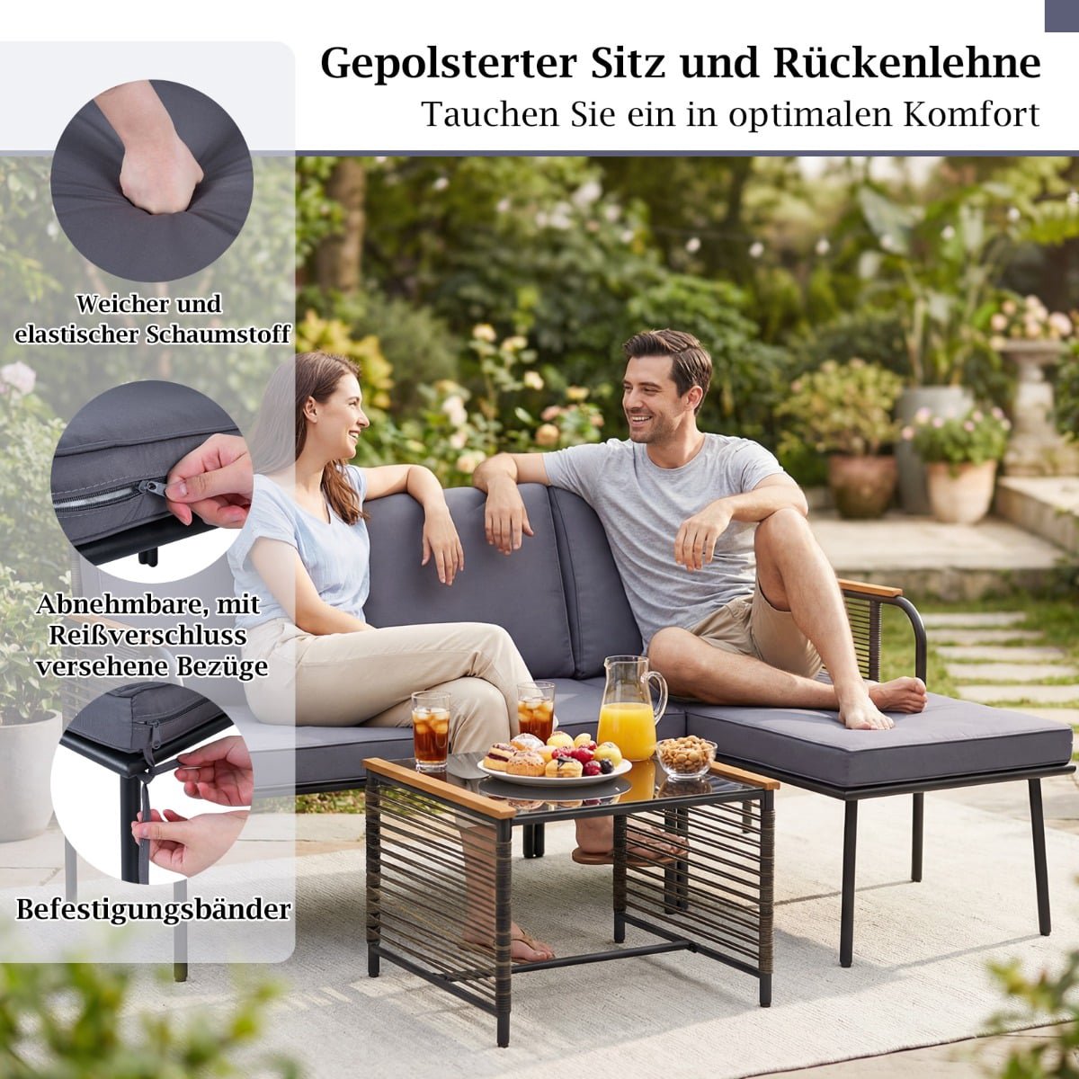 Outdoor Rattan Sofa Set with Cushions & Glass Table