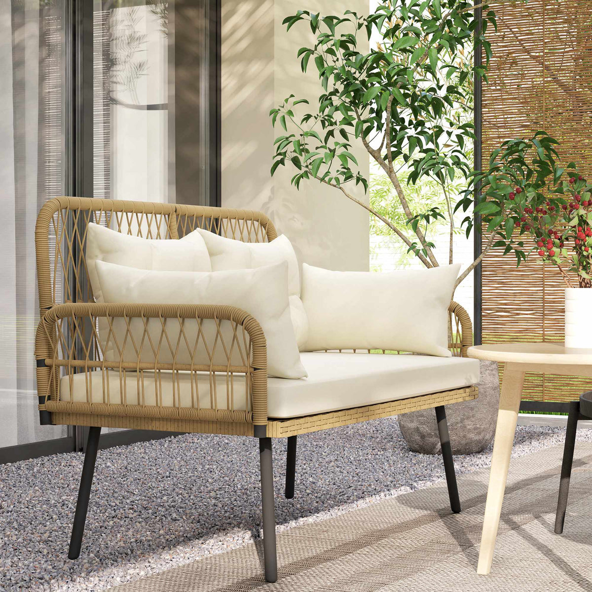 Outdoor Rattan Sofa with Cushions, 2-Seater, 115x61x82 cm