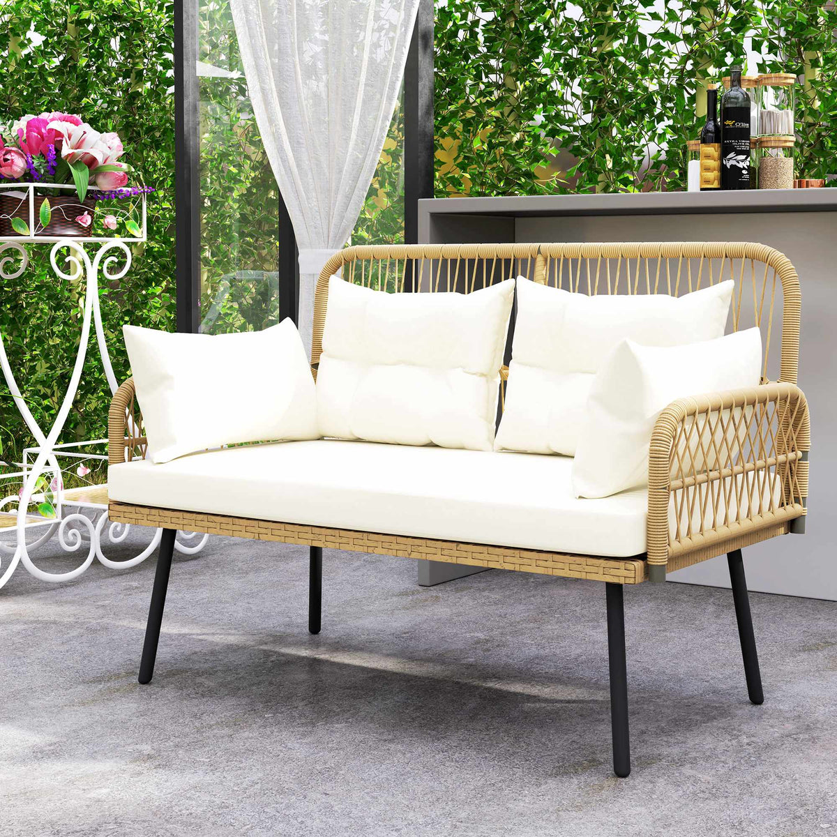 Outdoor Rattan Sofa with Cushions, 2-Seater, 115x61x82 cm