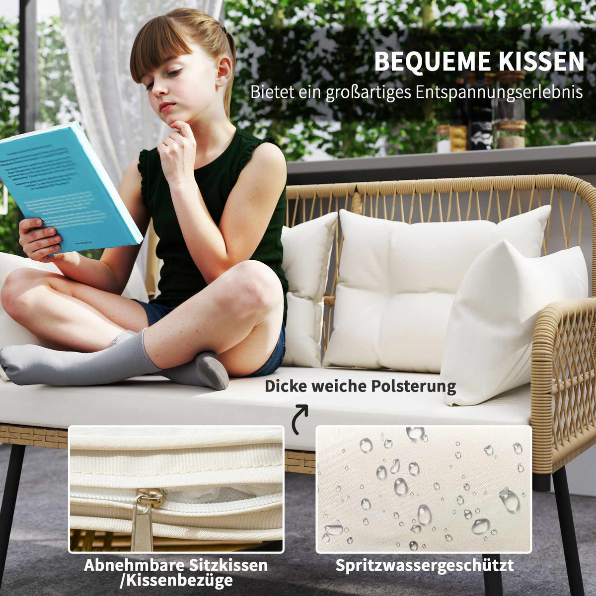 Outdoor Rattan Sofa with Cushions, 2-Seater, 115x61x82 cm