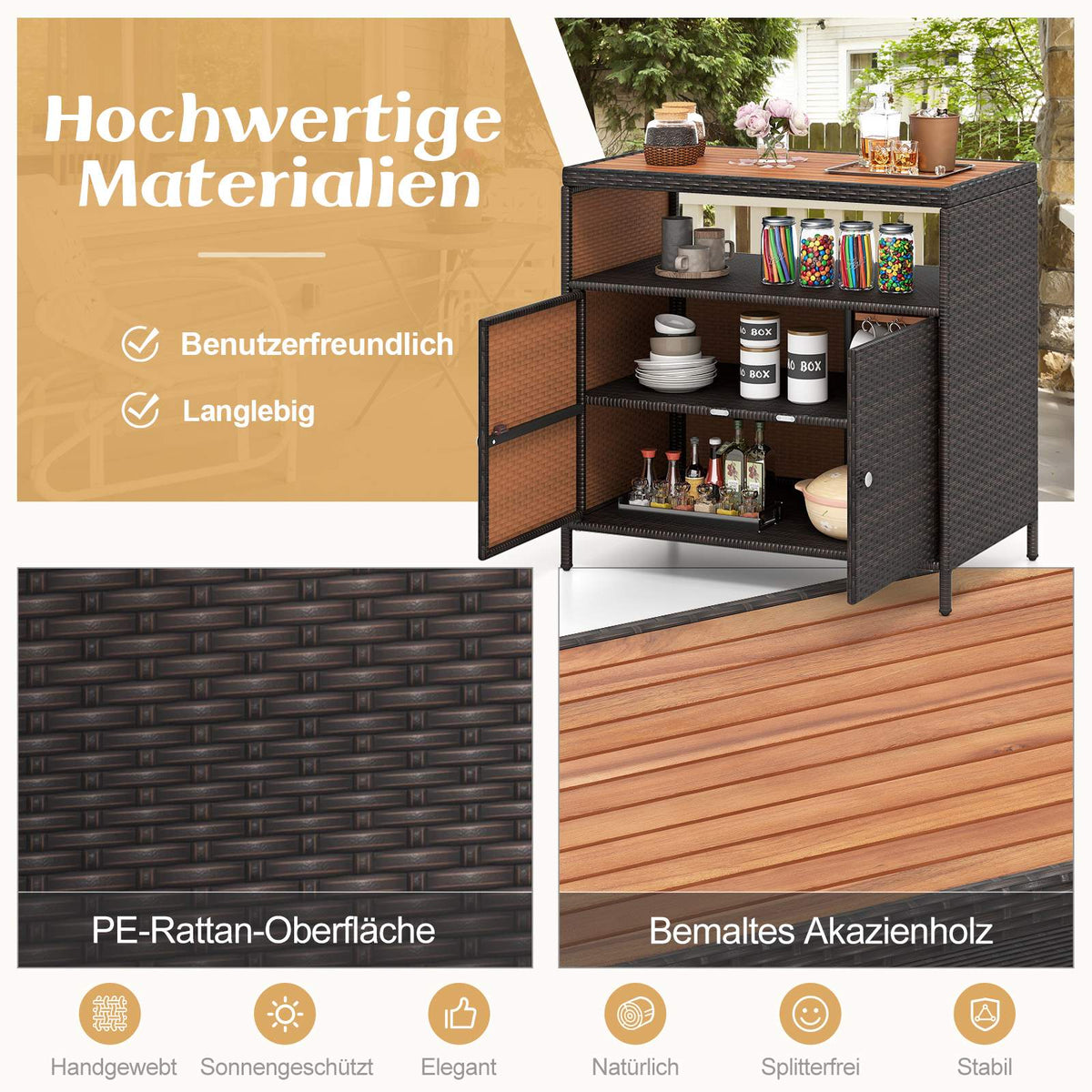 Outdoor Rattan Storage Cabinet with Acacia Wood Top
