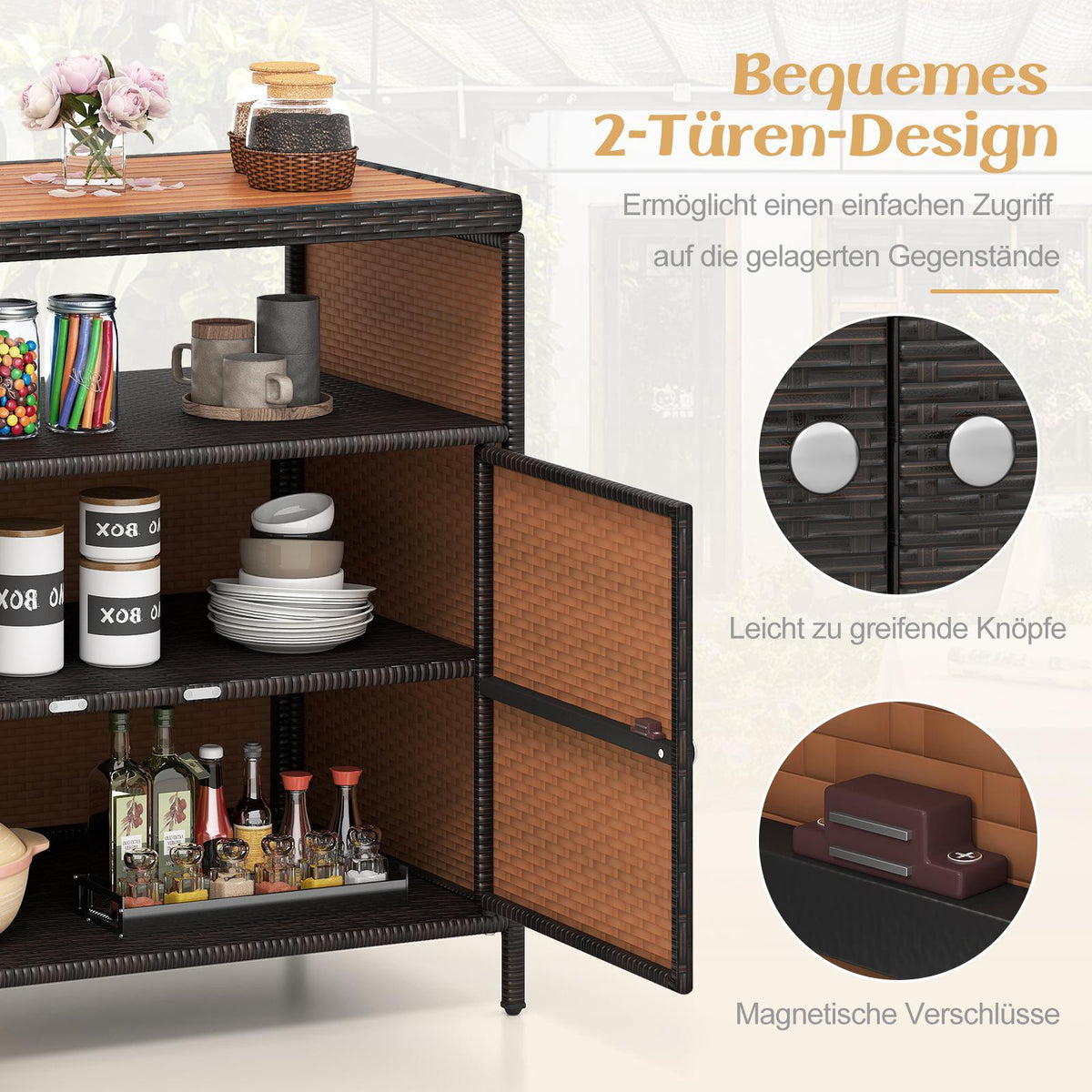 Outdoor Rattan Storage Cabinet with Acacia Wood Top