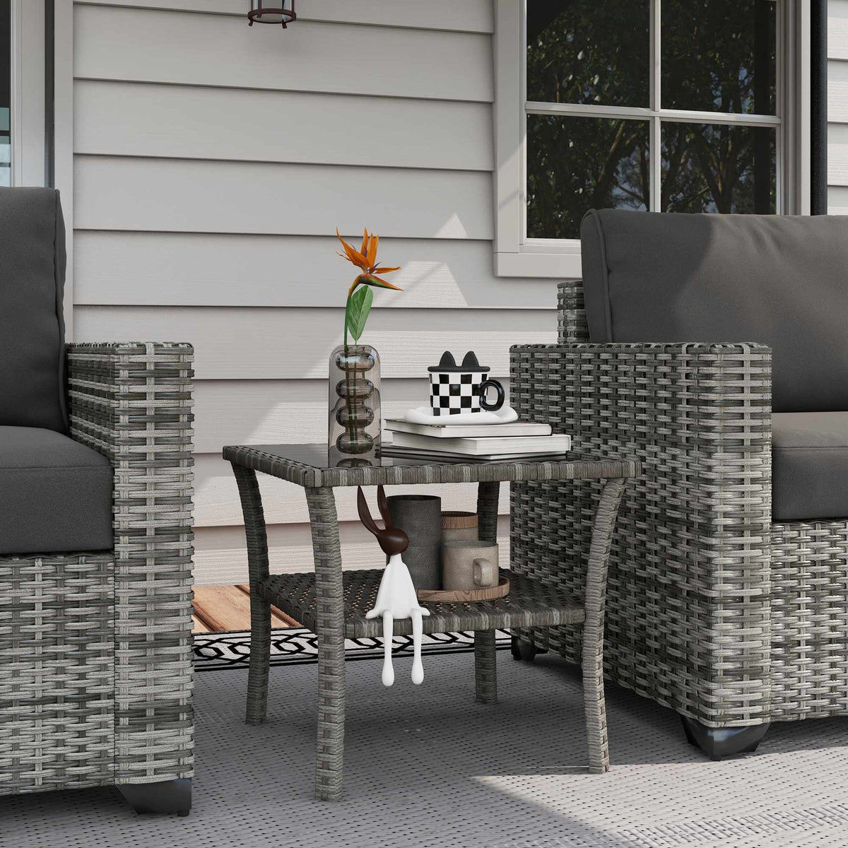 Outdoor Rattan Table, 50x50x45cm, Glass Top, Weatherproof