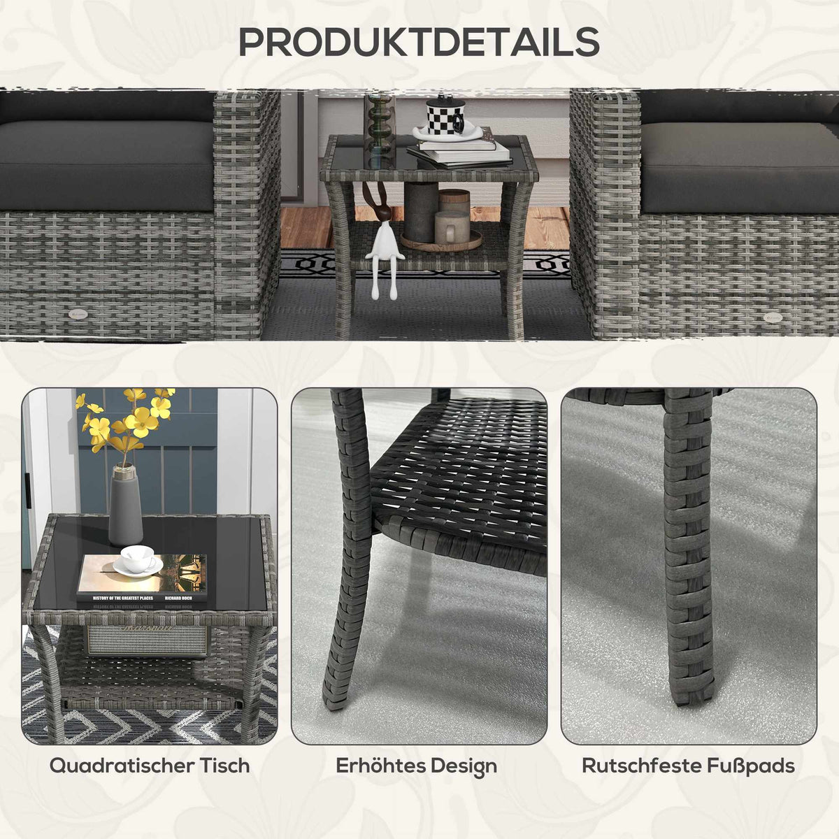 Outdoor Rattan Table, 50x50x45cm, Glass Top, Weatherproof