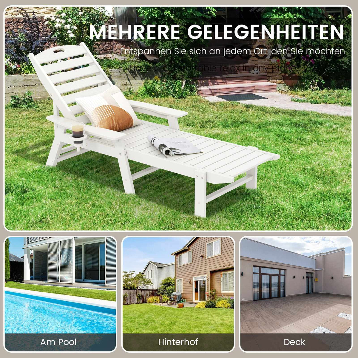 Outdoor Recliner Chair, HDPE, Adjustable Backrest, White