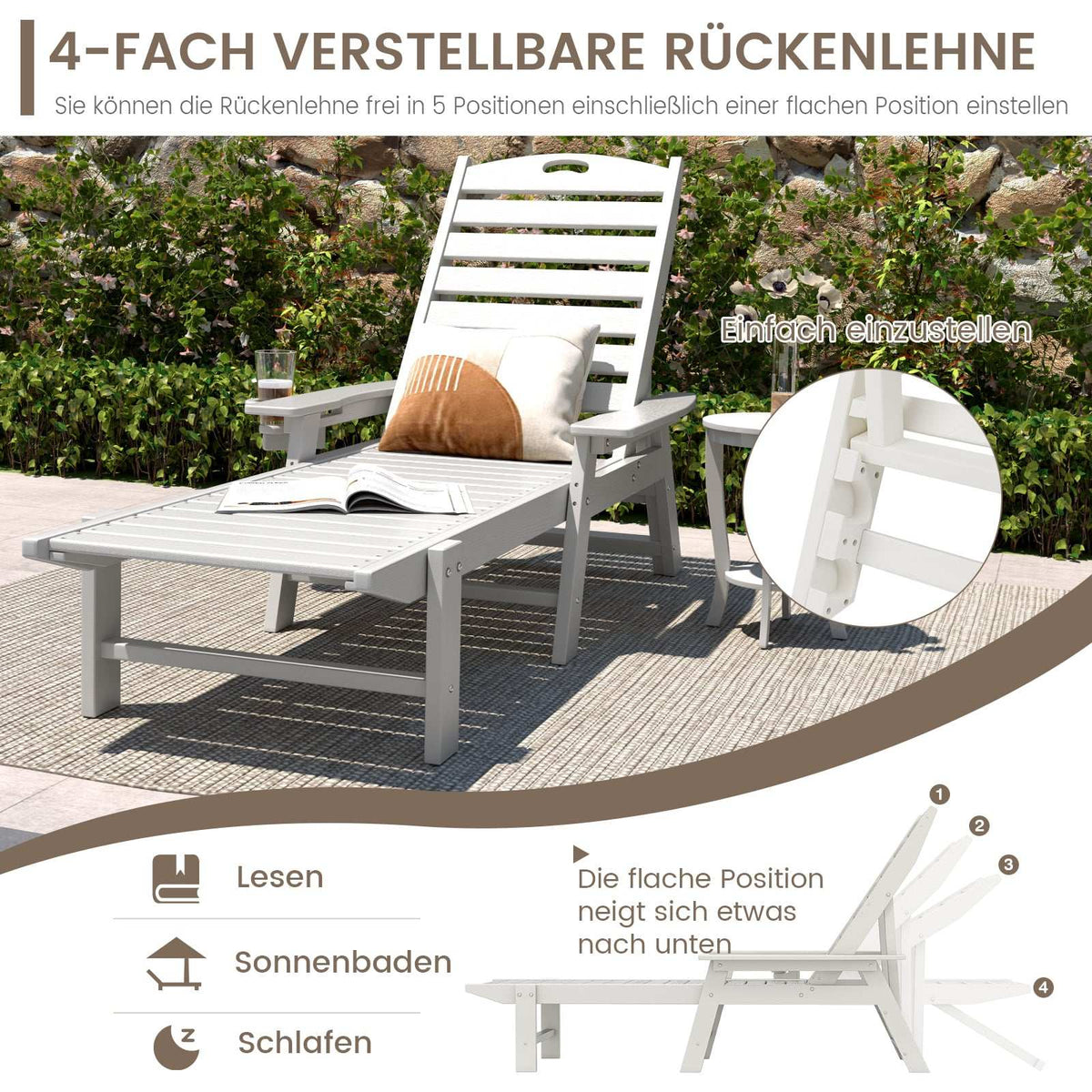 Outdoor Recliner Chair, HDPE, Adjustable Backrest, White
