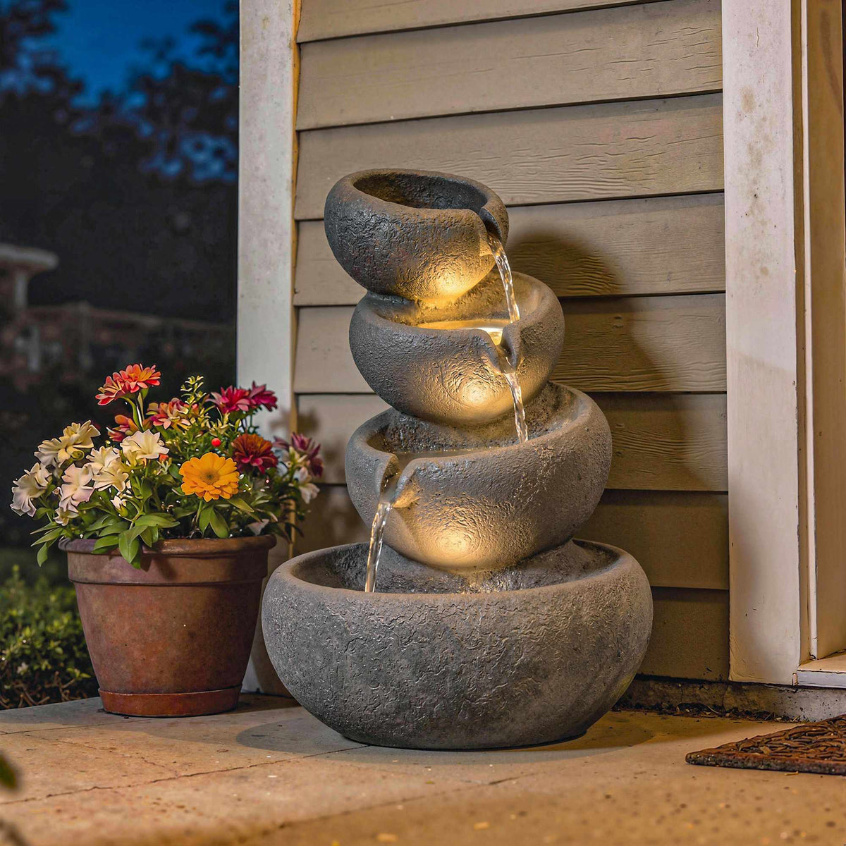 Outdoor Resin Water Fountain with LED Lights, 4-Tier