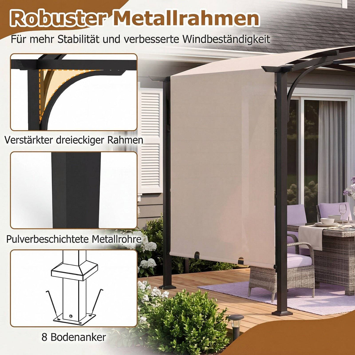 Outdoor Retractable Pergola, Metal Frame, Beige, 305x242 cm