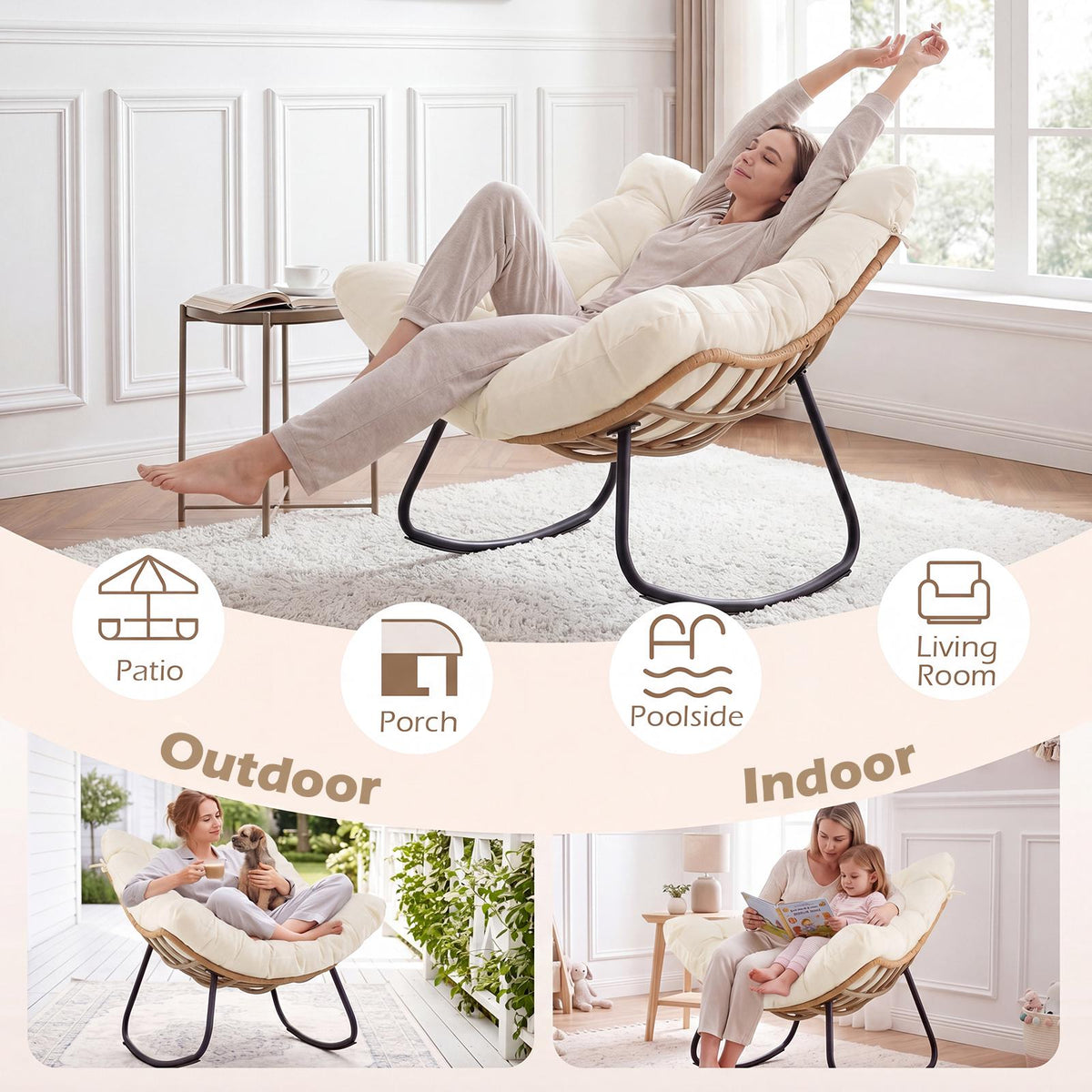 Outdoor Rocking Chair, PE Rattan, Cushion, 140 kg