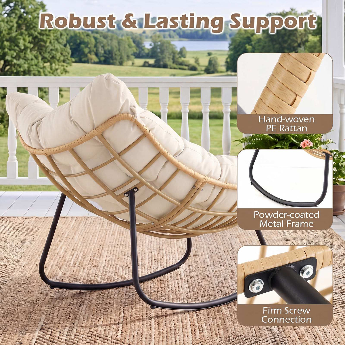 Outdoor Rocking Chair, PE Rattan, Cushion, 140 kg