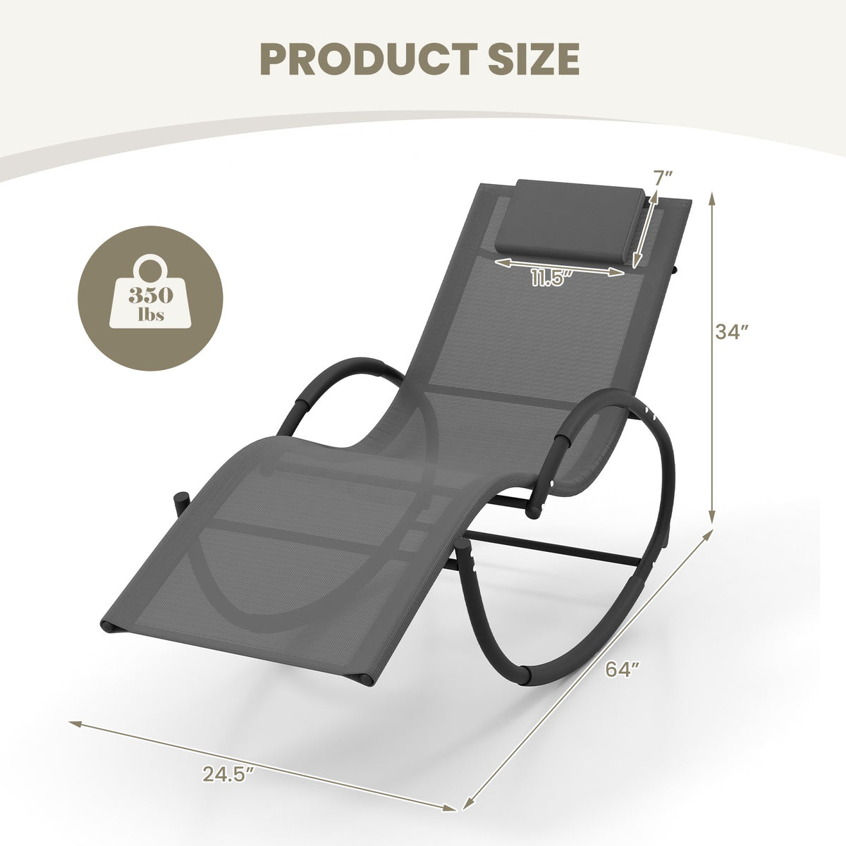 Outdoor Rocking Lounge Chair – Removable Headrest, 350 lb