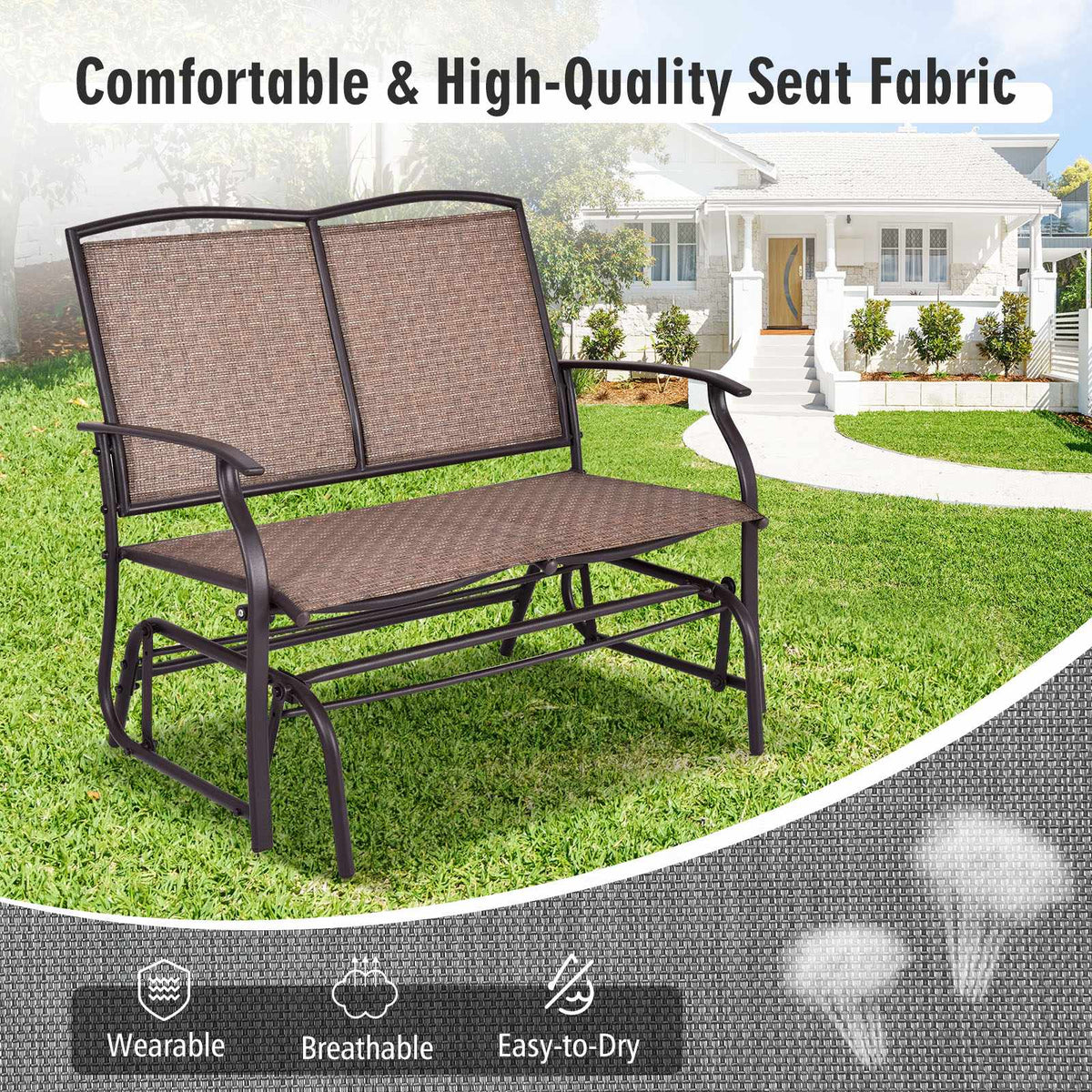 Outdoor Rocking Loveseat, 2-Person Steel Frame, Brown