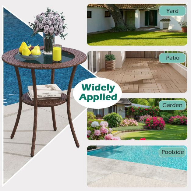 Outdoor Round Bistro Table – Tempered Glass Top, Storage Shelf