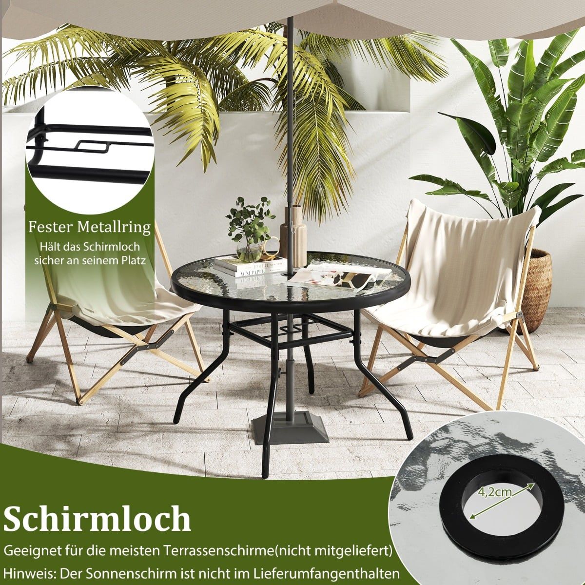 Outdoor Round Glass Table with Umbrella Hole, 70 cm