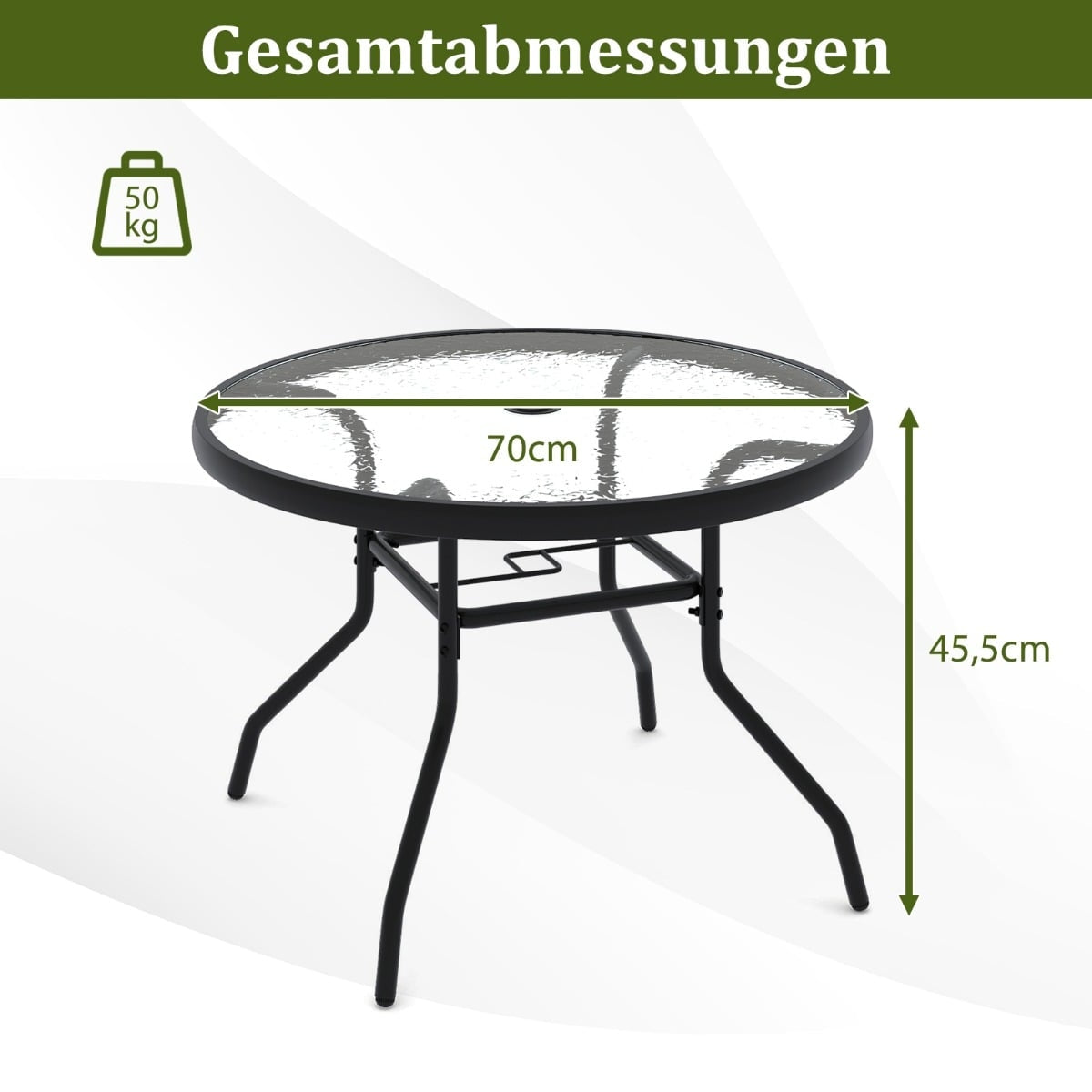 Outdoor Round Glass Table with Umbrella Hole, 70 cm