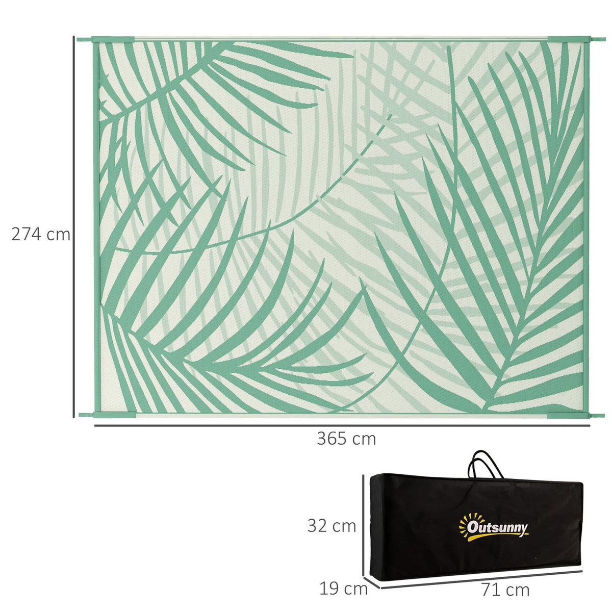 Outdoor Rug Large Reversible Rug With Carry Bag, Water-Repellent, For Camping & Patio, Green, 365X274Cm