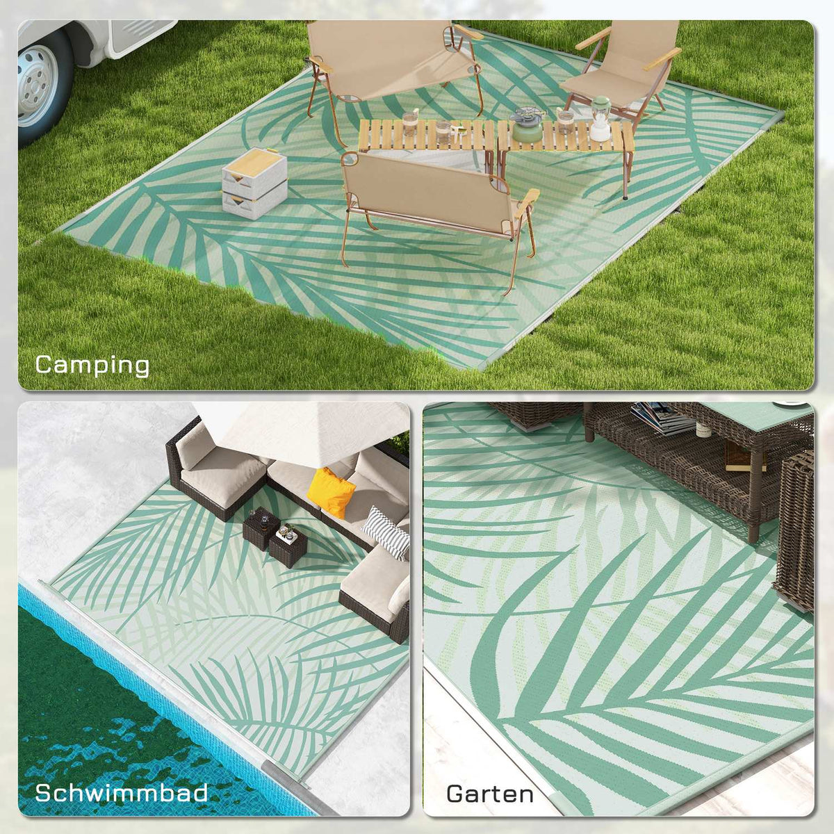 Outdoor Rug Large Reversible Rug With Carry Bag, Water-Repellent, For Camping & Patio, Green, 365X274Cm