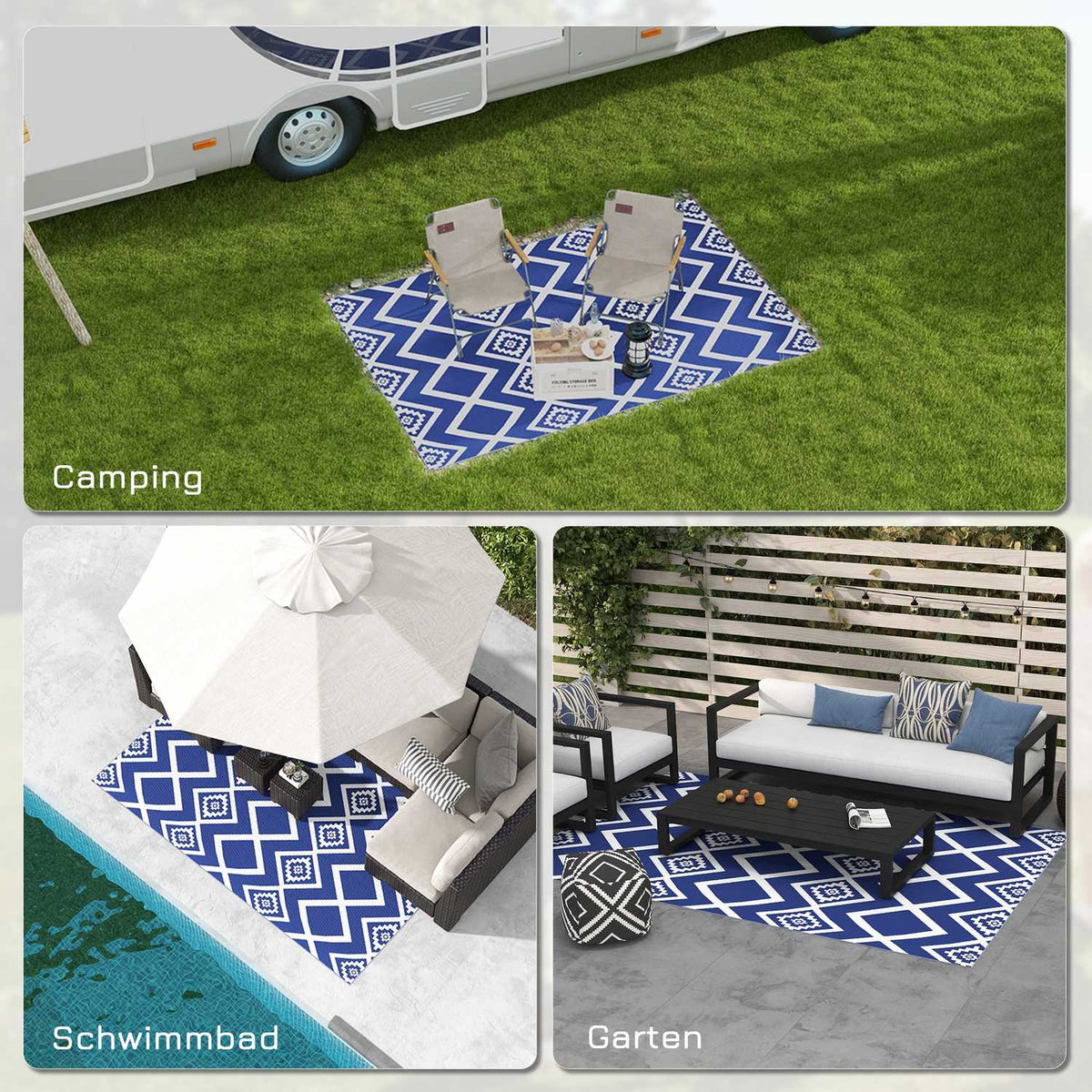 Outdoor Rug Plastic Rug With Carry Bag, Water-Repellent, For Balcony & Camping, Blue+White, 182X274Cm