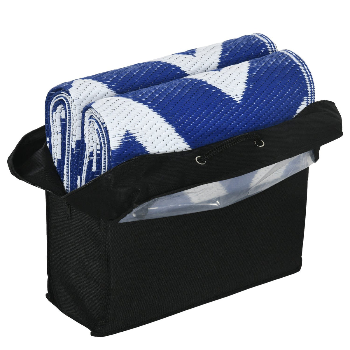 Outdoor Rug Plastic Rug With Carry Bag, Water-Repellent, For Balcony & Camping, Blue+White, 182X274Cm