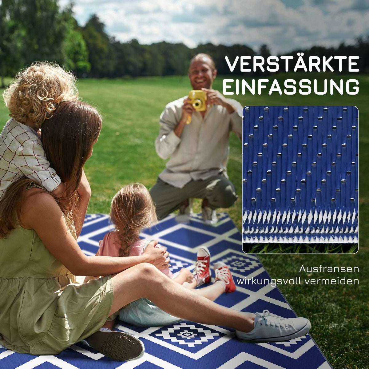 Outdoor Rug Plastic Rug With Carry Bag, Water-Repellent, For Balcony & Camping, Blue+White, 182X274Cm