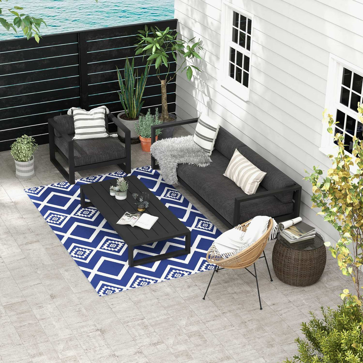 Outdoor Rug Plastic Rug With Carry Bag, Water-Repellent, For Balcony & Camping, Blue+White, 182X274Cm