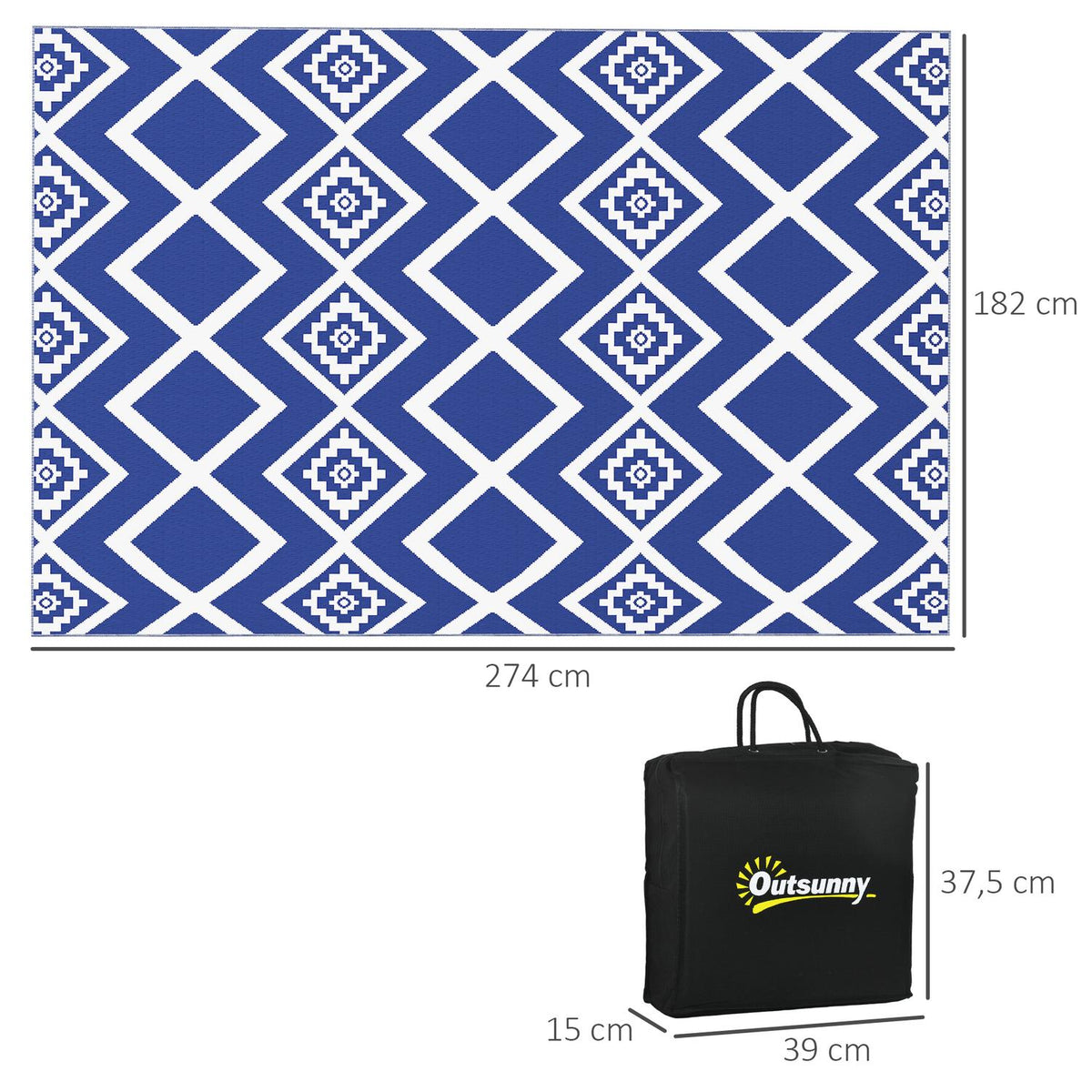 Outdoor Rug Plastic Rug With Carry Bag, Water-Repellent, For Balcony & Camping, Blue+White, 182X274Cm