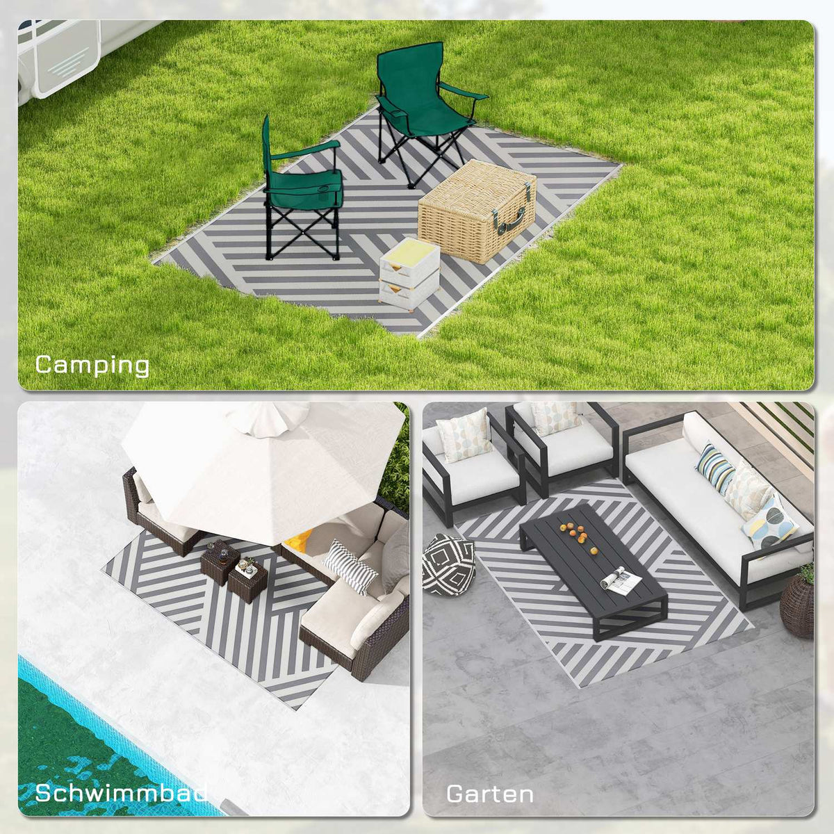 Outdoor Rug Reversible Garden Rug With Carry Bag, Ideal For Camping & Balcony, Light Gray + Cream, 182X274Cm