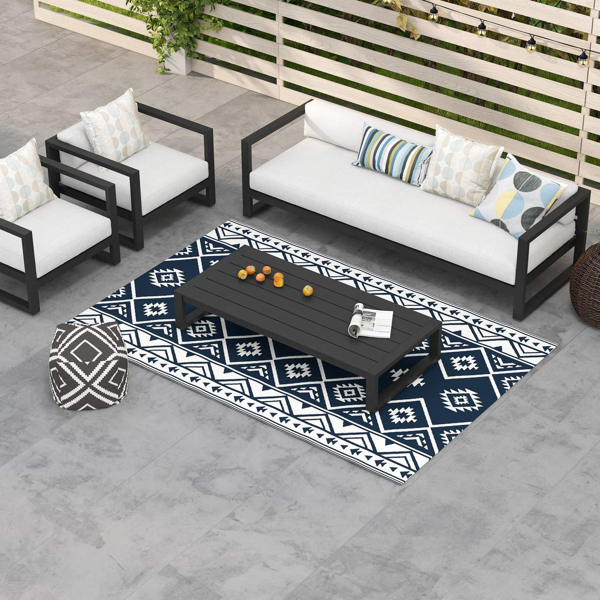 Outdoor Rug Reversible Plastic Rug With Carry Bag, Water-Repellent, For Camping, Dark Blue + White, 182X274Cm