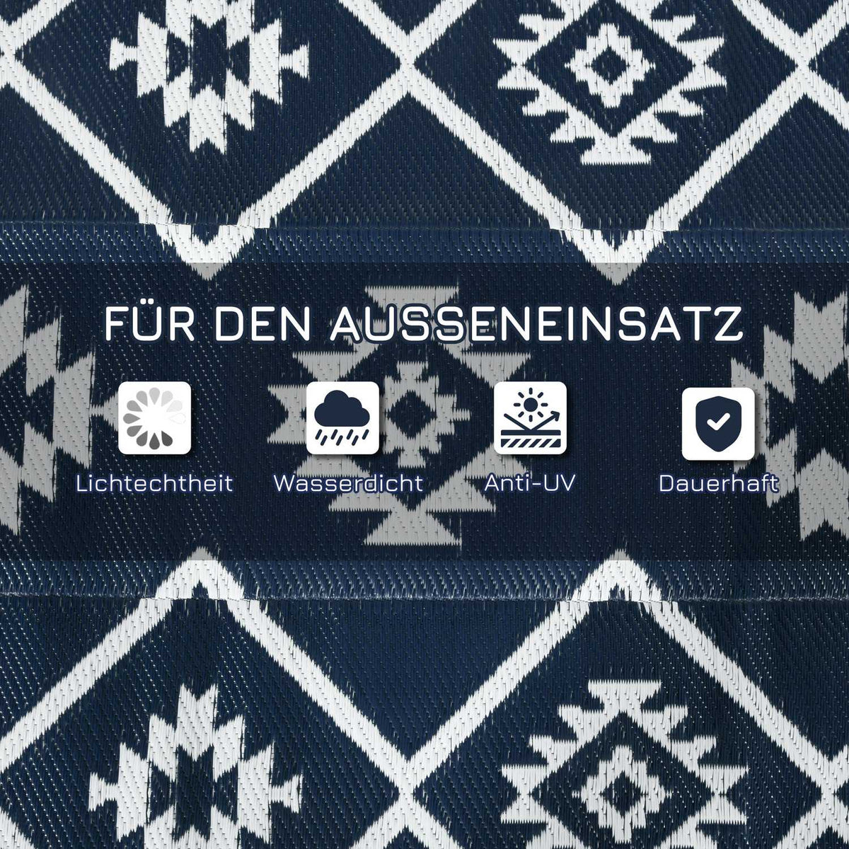 Outdoor Rug Reversible Plastic Rug With Carry Bag, Water-Repellent, For Camping, Dark Blue + White, 182X274Cm
