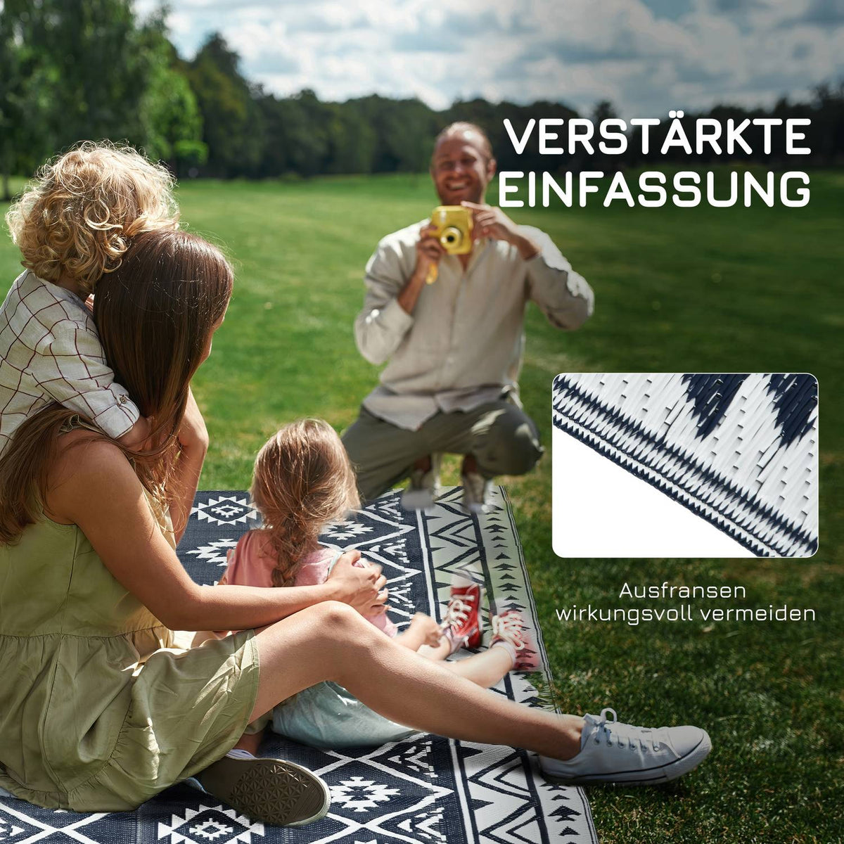 Outdoor Rug Reversible Plastic Rug With Carry Bag, Water-Repellent, For Camping, Dark Blue + White, 182X274Cm