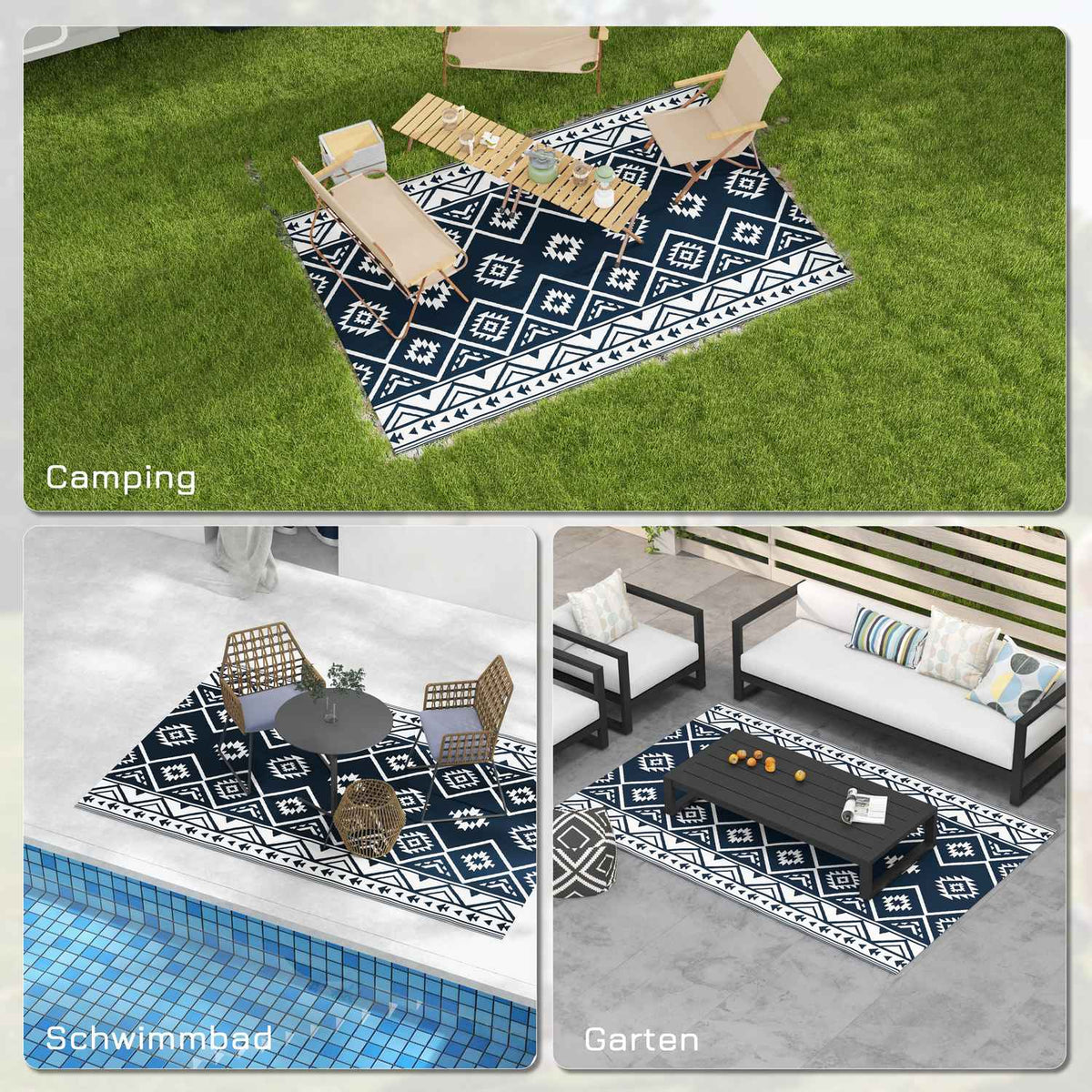 Outdoor Rug Reversible Plastic Rug With Carry Bag, Water-Repellent, For Camping, Dark Blue + White, 182X274Cm