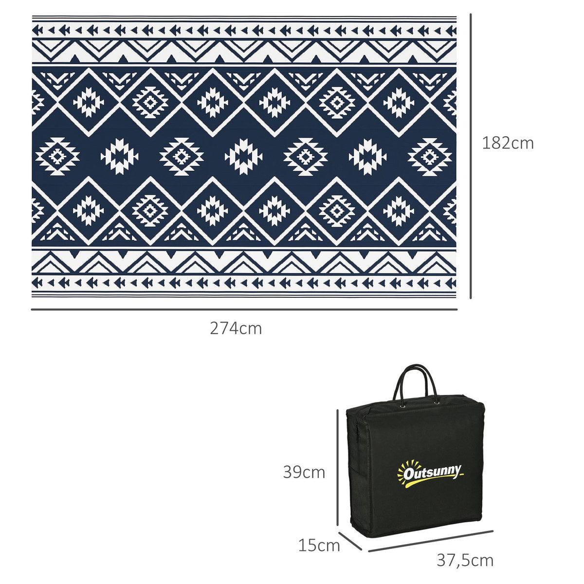 Outdoor Rug Reversible Plastic Rug With Carry Bag, Water-Repellent, For Camping, Dark Blue + White, 182X274Cm