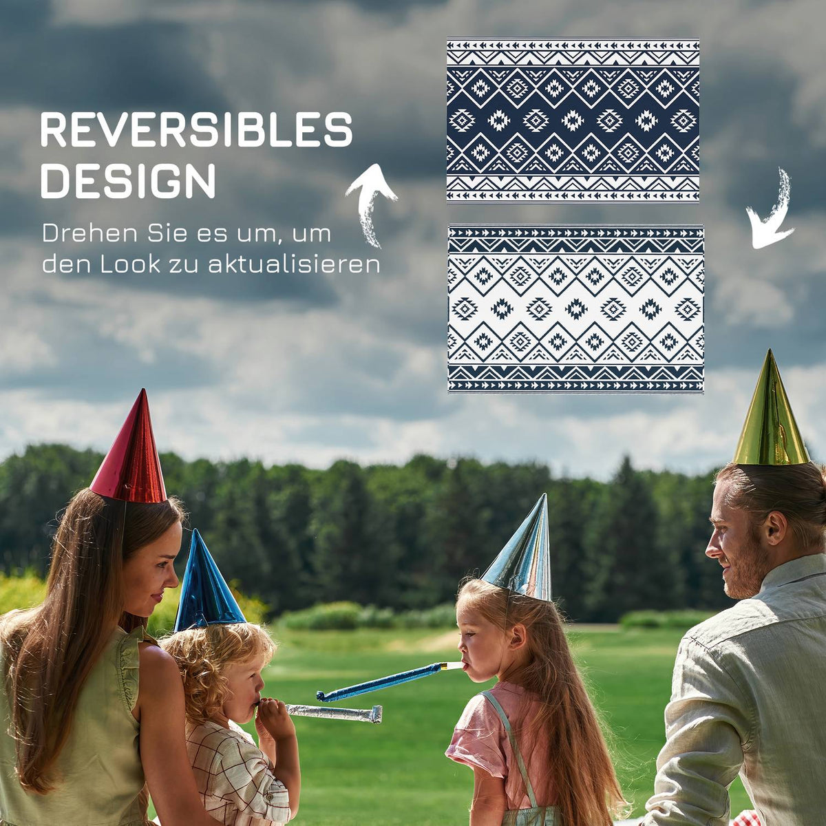 Outdoor Rug Reversible Plastic Rug With Carry Bag, Water-Repellent, For Camping, Dark Blue + White, 182X274Cm