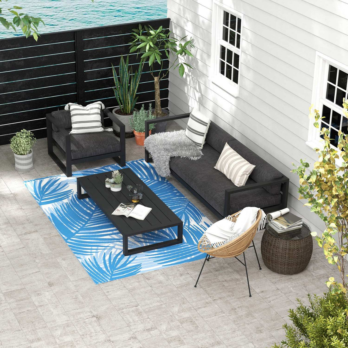 Outdoor Rug Reversible Rug With Carry Bag, 182X274Cm, Blue, Plastic, Garden Rug, Balcony Rug For Camping, Patio