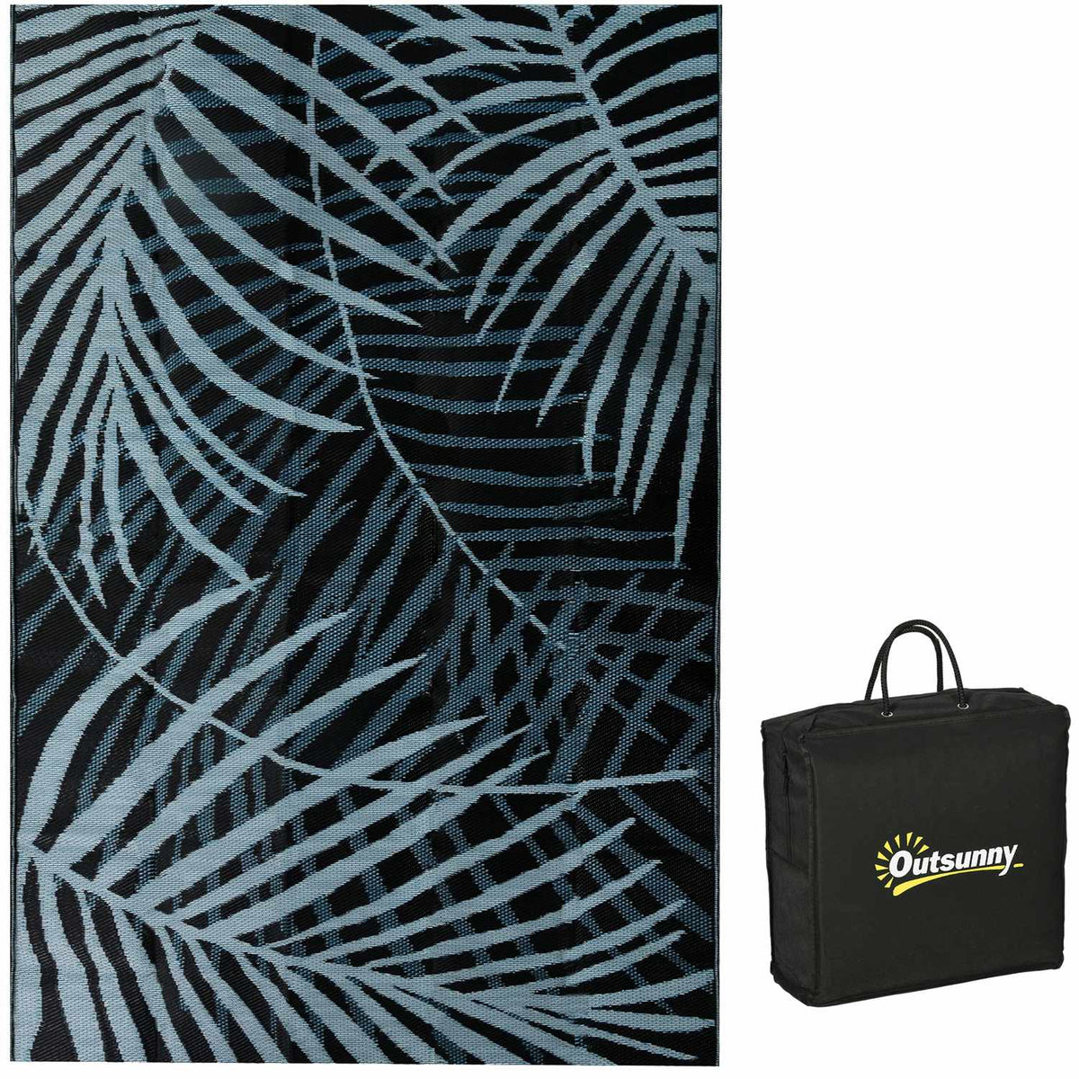 Outdoor Rug Reversible Water-Repellent Plastic Rug With Carry Bag For Patio Black + Blue 182 X 274 Cm