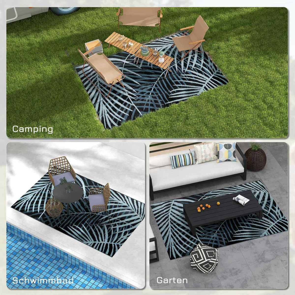 Outdoor Rug Reversible Water-Repellent Plastic Rug With Carry Bag For Patio Black + Blue 182 X 274 Cm
