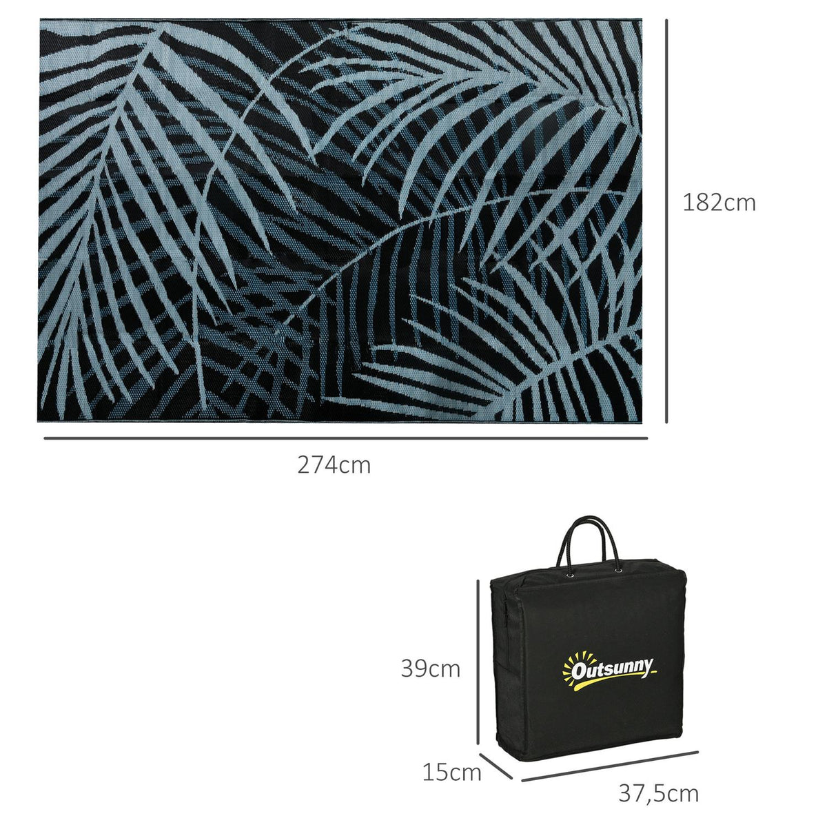 Outdoor Rug Reversible Water-Repellent Plastic Rug With Carry Bag For Patio Black + Blue 182 X 274 Cm