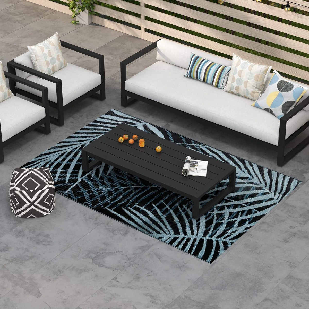 Outdoor Rug Reversible Water-Repellent Plastic Rug With Carry Bag For Patio Black + Blue 182 X 274 Cm