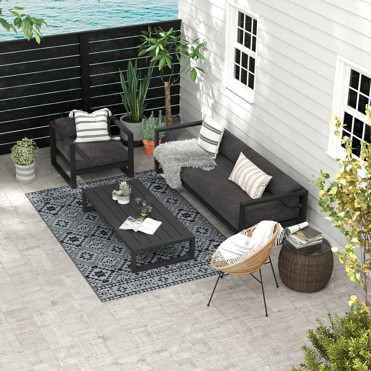 Outdoor Rug, Water-Repellent Plastic Rug, Reversible, For Camping & Patio, Black+Gray, 182X274Cm