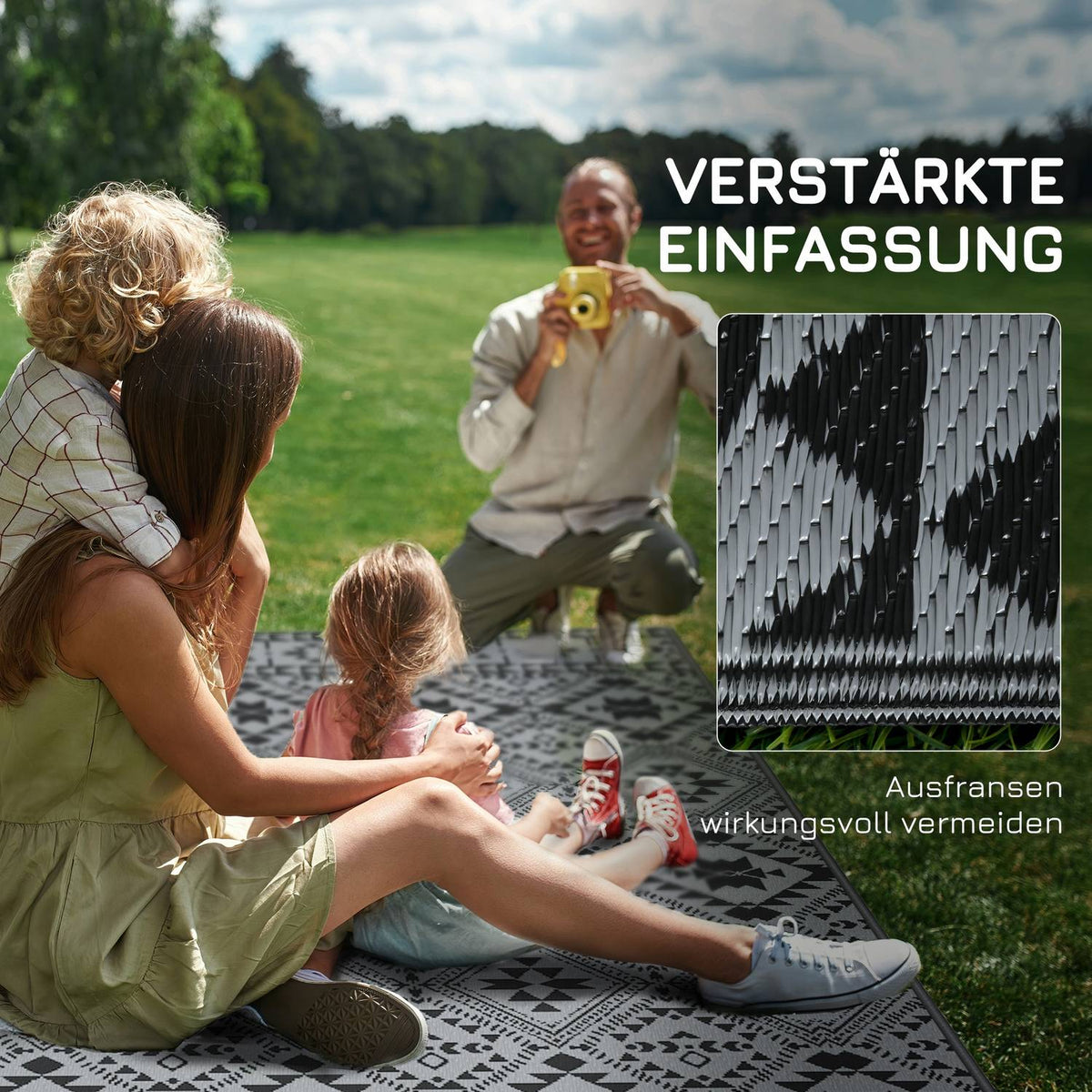 Outdoor Rug, Water-Repellent Plastic Rug, Reversible, For Camping & Patio, Black+Gray, 182X274Cm