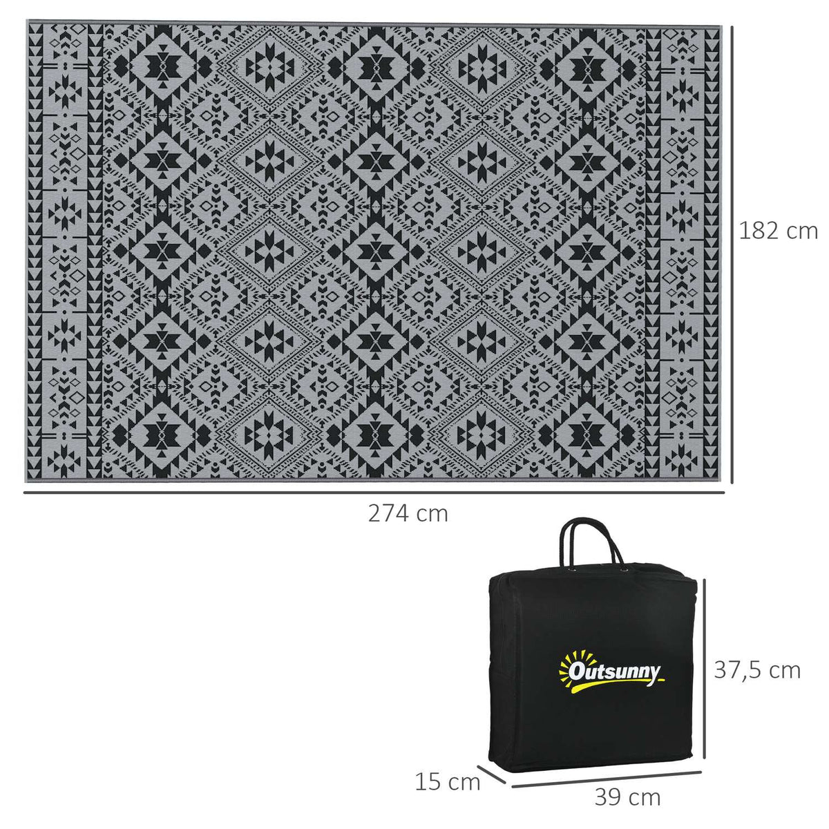 Outdoor Rug, Water-Repellent Plastic Rug, Reversible, For Camping & Patio, Black+Gray, 182X274Cm