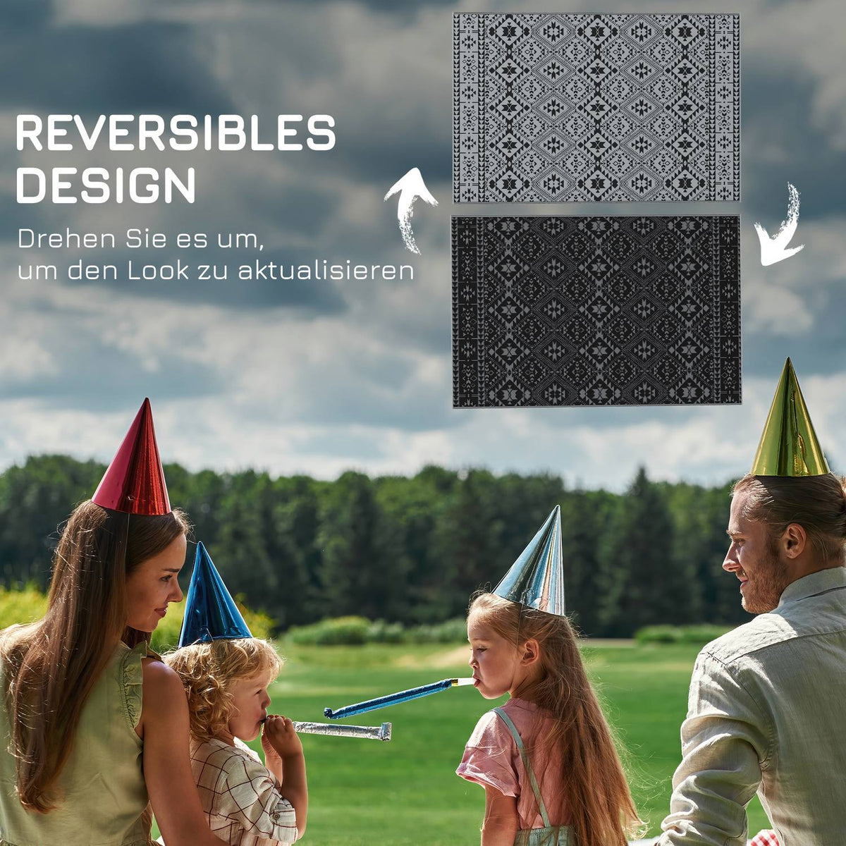 Outdoor Rug, Water-Repellent Plastic Rug, Reversible, For Camping & Patio, Black+Gray, 182X274Cm