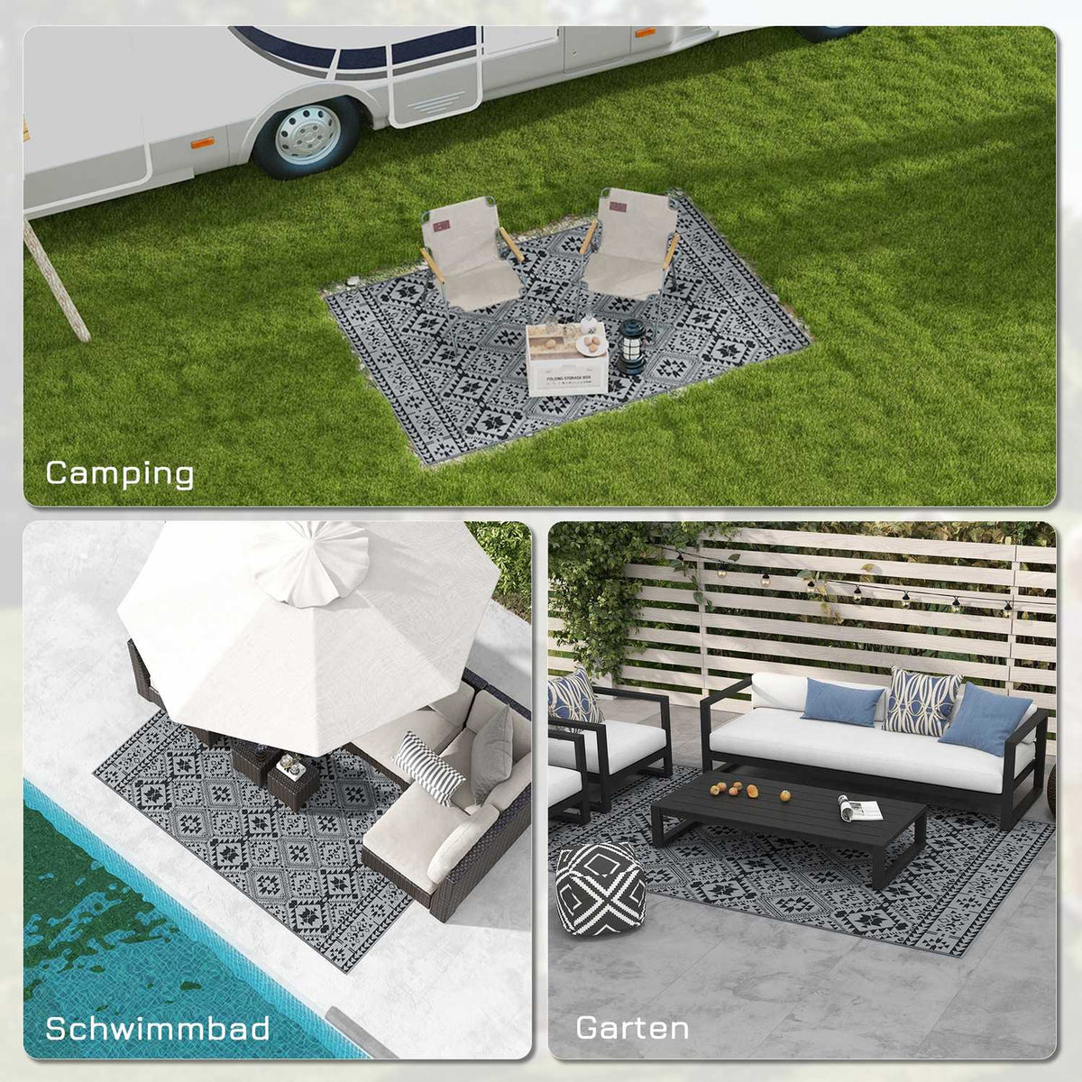 Outdoor Rug, Water-Repellent Plastic Rug, Reversible, For Camping & Patio, Black+Gray, 182X274Cm
